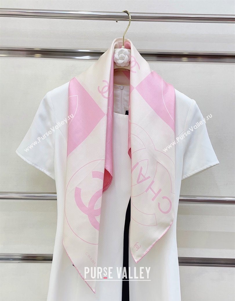 Chanel Coco Silk Square Scarf 90x90cm White/Pink 2025 0724 (SHI-250724030)