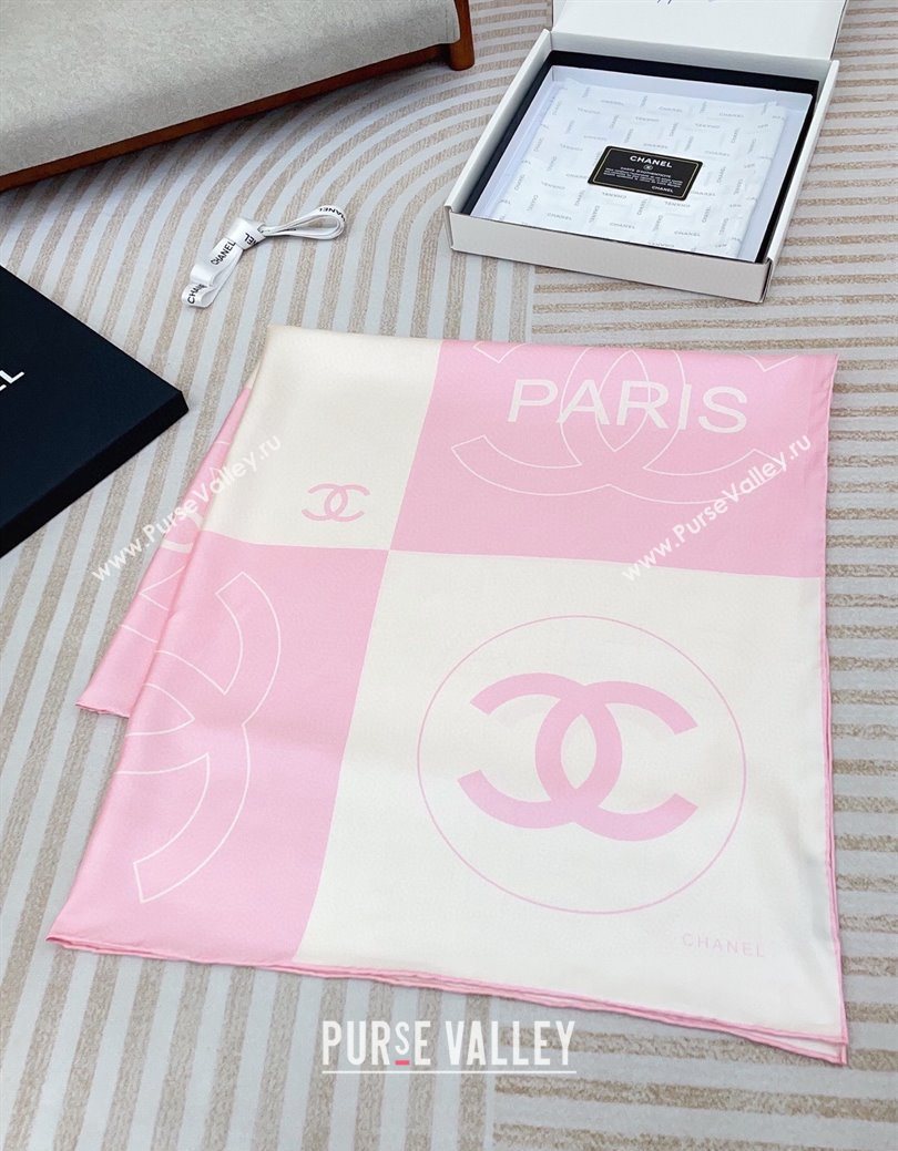 Chanel Coco Silk Square Scarf 90x90cm White/Pink 2025 0724 (SHI-250724030)