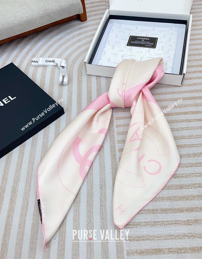 Chanel Coco Silk Square Scarf 90x90cm White/Pink 2025 0724 (SHI-250724030)