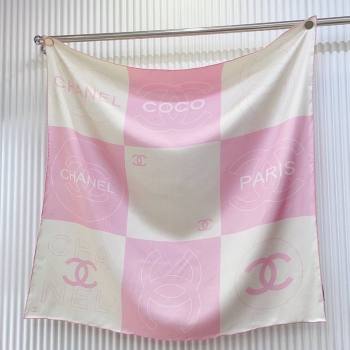 Chanel Coco Silk Square Scarf 90x90cm White/Pink 2025 0724 (SHI-250724030)