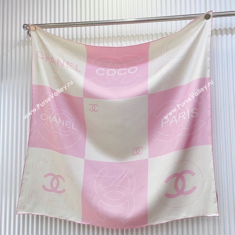 Chanel Coco Silk Square Scarf 90x90cm White/Pink 2025 0724 (SHI-250724030)