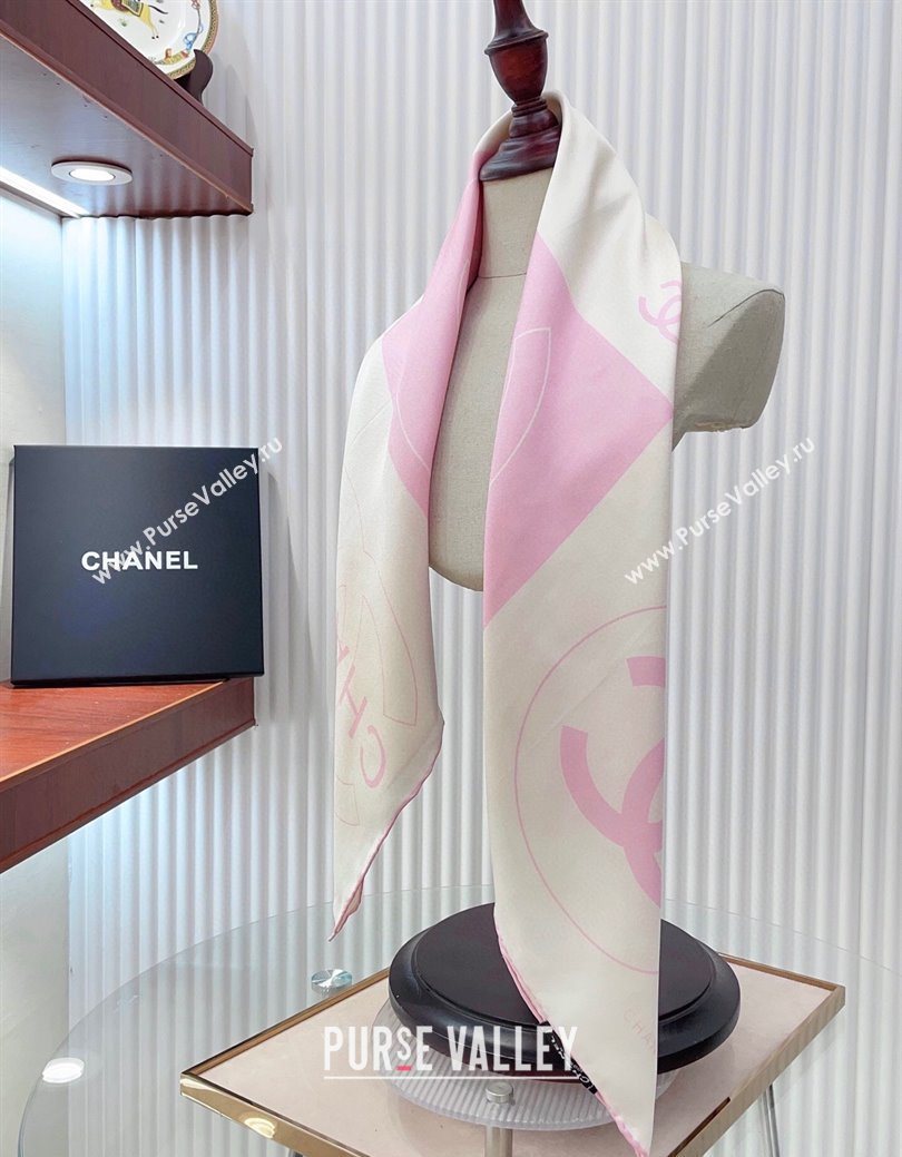 Chanel Coco Silk Square Scarf 90x90cm White/Pink 2025 0724 (SHI-250724030)