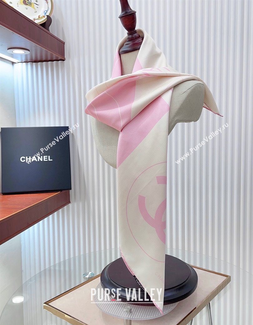 Chanel Coco Silk Square Scarf 90x90cm White/Pink 2025 0724 (SHI-250724030)