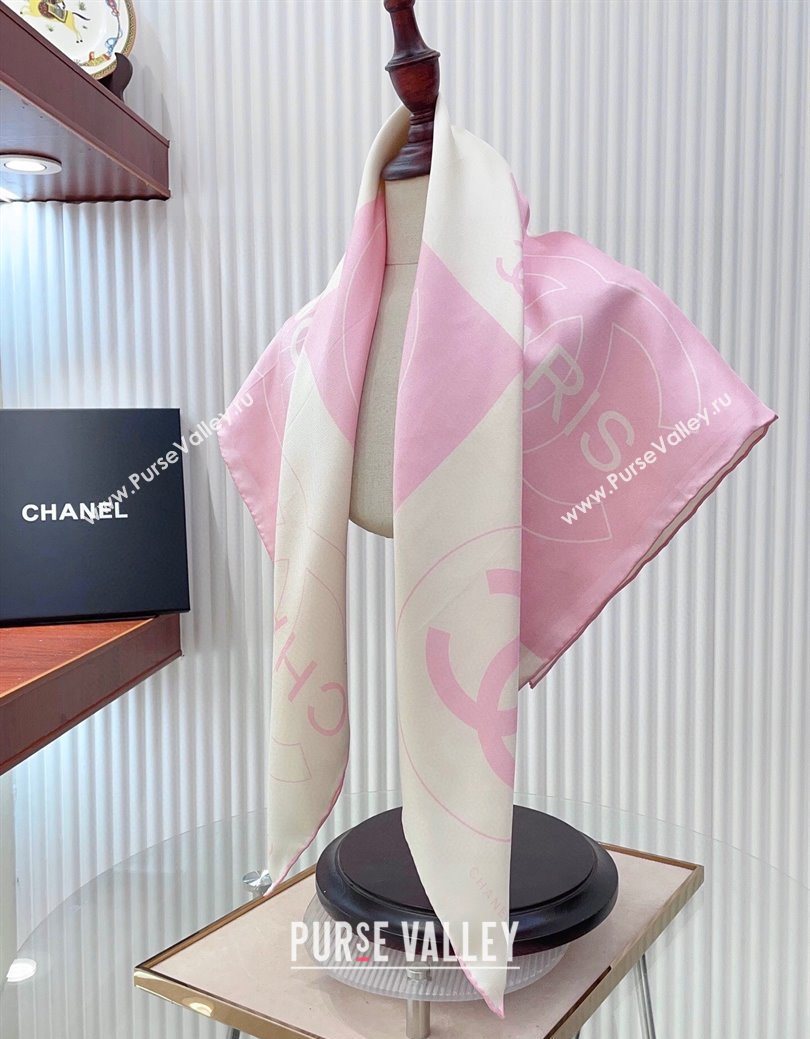 Chanel Coco Silk Square Scarf 90x90cm White/Pink 2025 0724 (SHI-250724030)