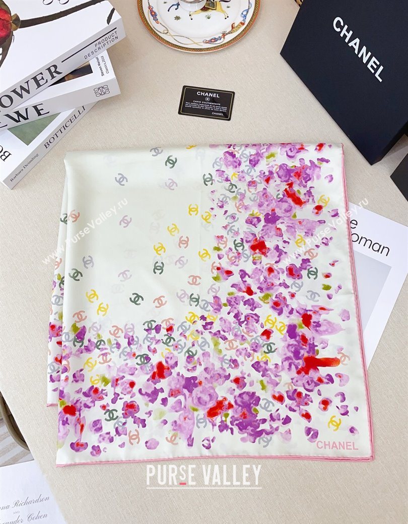 Chanel Flower Silk Square Scarf 90x90cm White/Purple 2025 0724 (SHI-250724027)