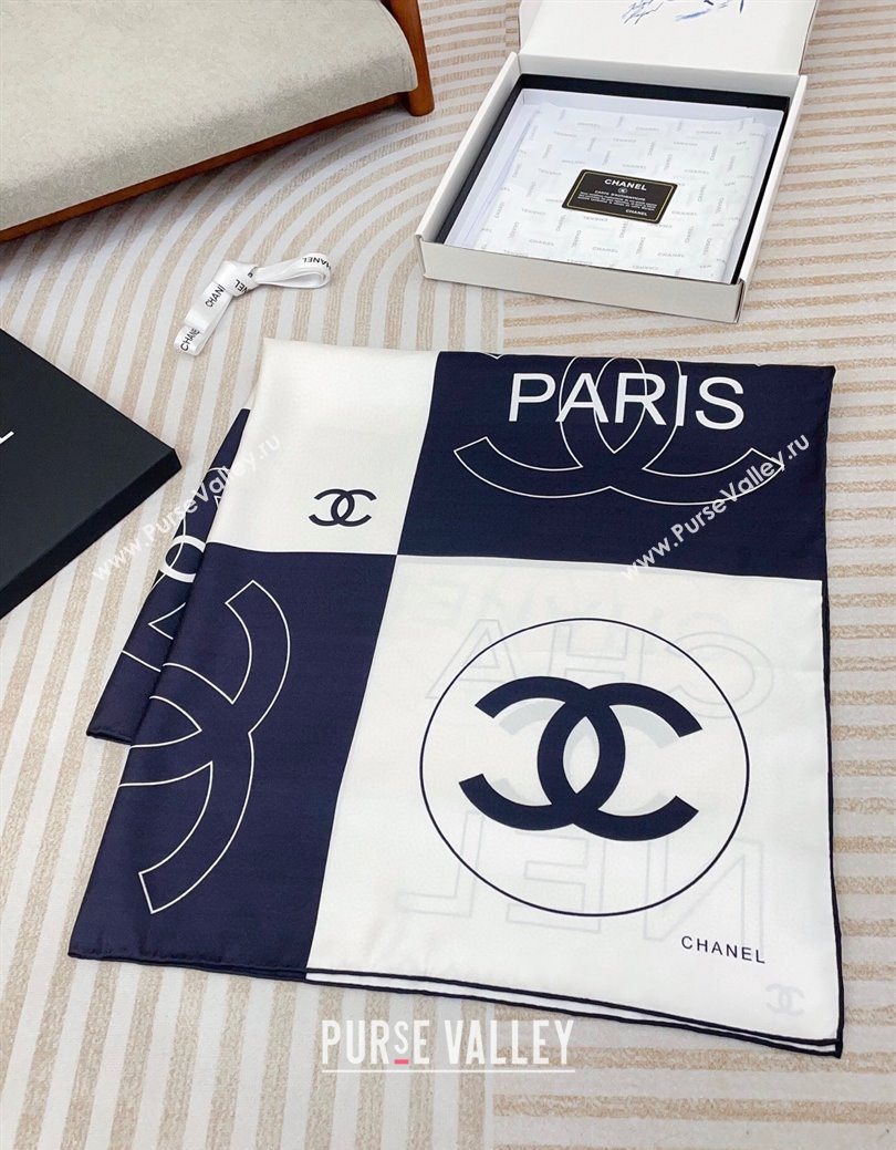 Chanel Coco Silk Square Scarf 90x90cm White/Blue 2025 0724 (SHI-250724031)