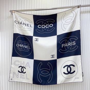 Chanel Coco Silk Square Scarf 90x90cm White/Blue 2025 0724 (SHI-250724031)