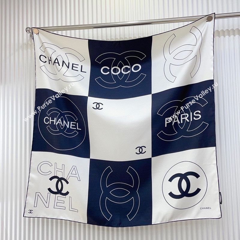 Chanel Coco Silk Square Scarf 90x90cm White/Blue 2025 0724 (SHI-250724031)