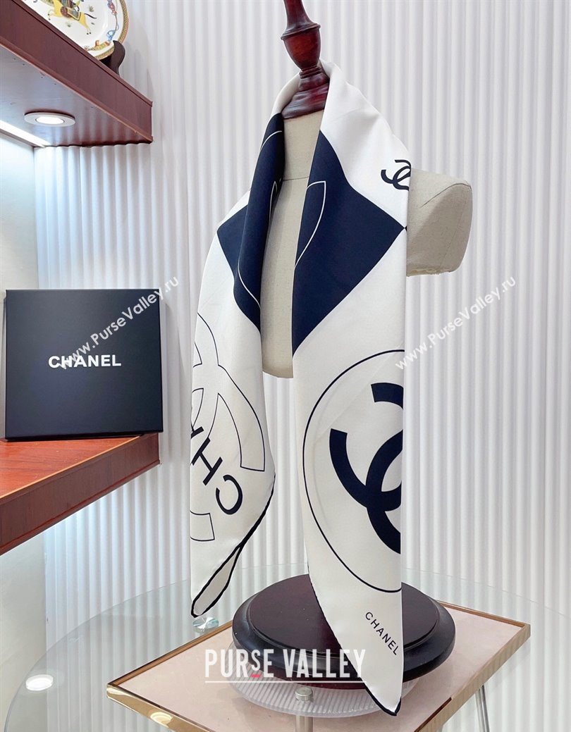 Chanel Coco Silk Square Scarf 90x90cm White/Blue 2025 0724 (SHI-250724031)
