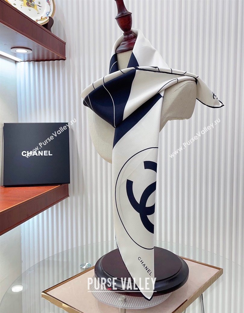 Chanel Coco Silk Square Scarf 90x90cm White/Blue 2025 0724 (SHI-250724031)