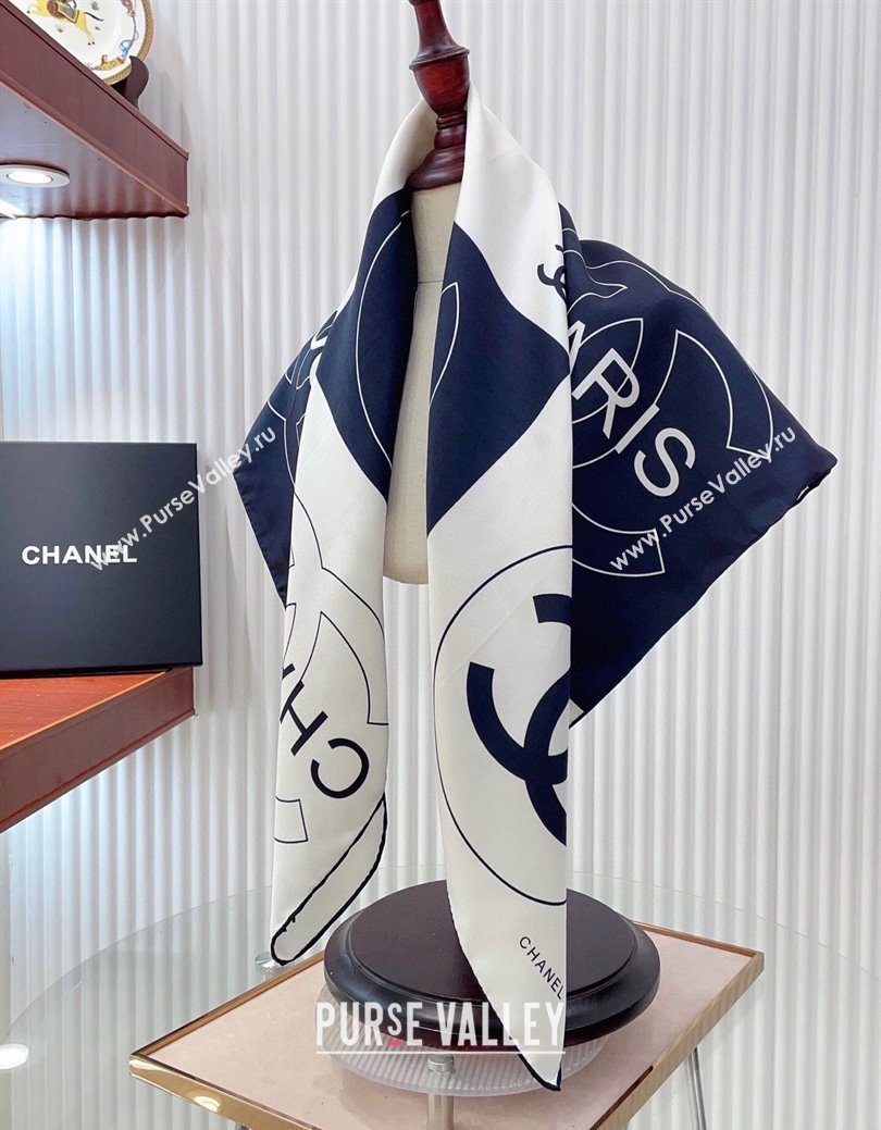 Chanel Coco Silk Square Scarf 90x90cm White/Blue 2025 0724 (SHI-250724031)