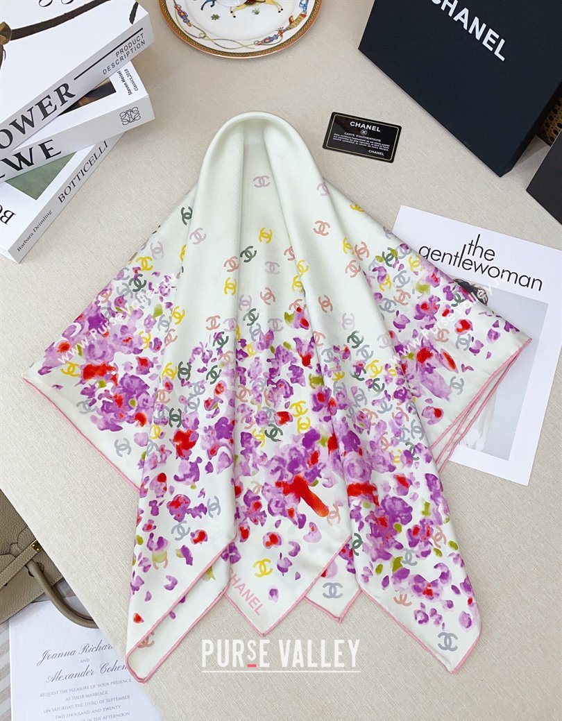 Chanel Flower Silk Square Scarf 90x90cm White/Purple 2025 0724 (SHI-250724027)