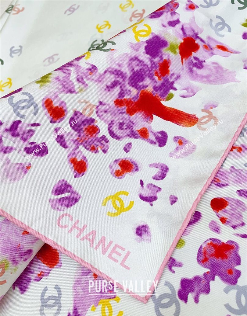 Chanel Flower Silk Square Scarf 90x90cm White/Purple 2025 0724 (SHI-250724027)