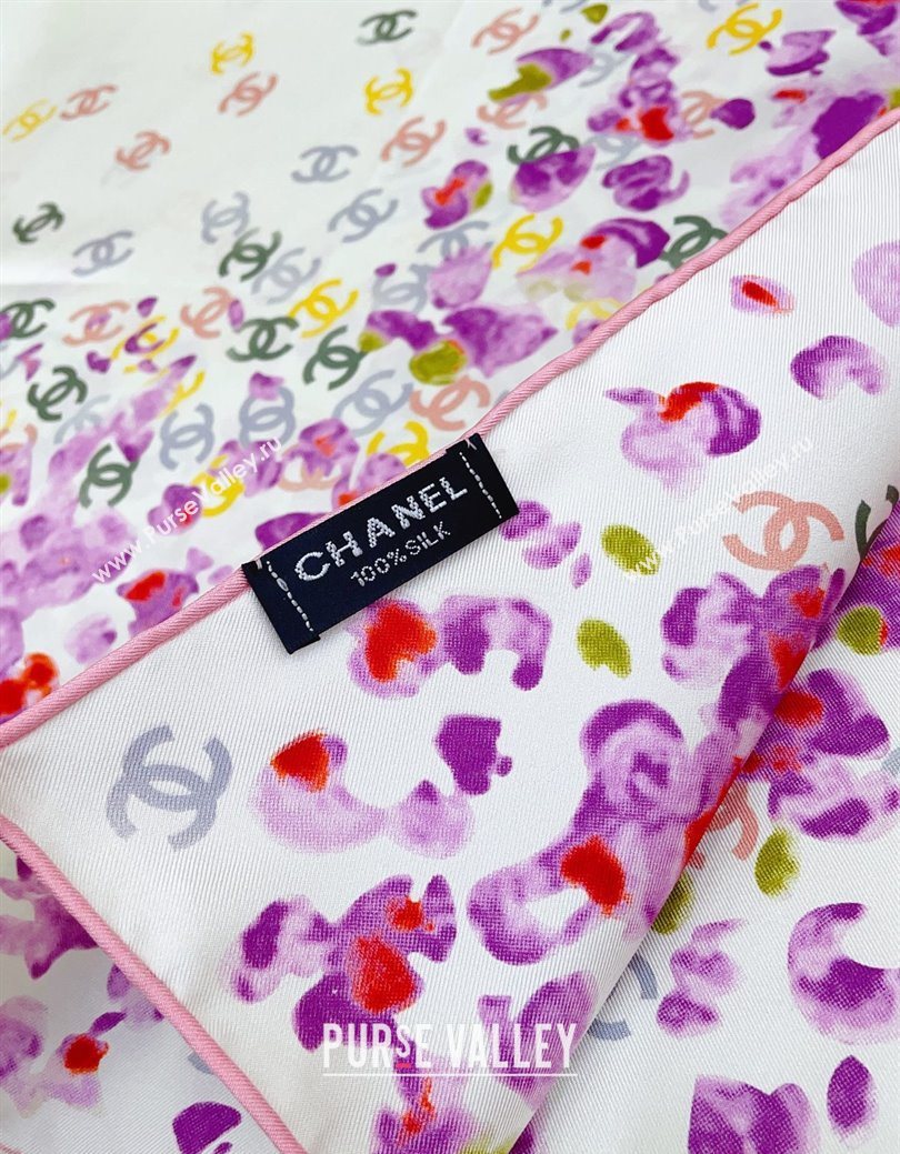 Chanel Flower Silk Square Scarf 90x90cm White/Purple 2025 0724 (SHI-250724027)