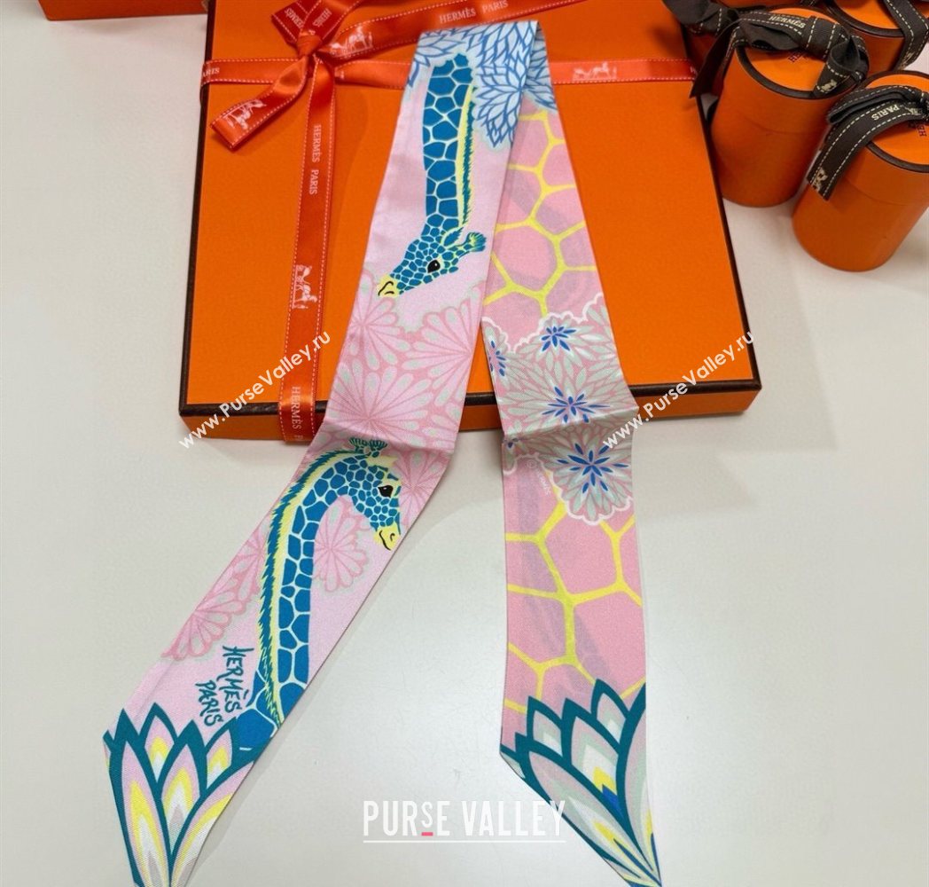 Hermes Giraffe Twilly Silk Bandeau Scarf 5x86cm Light Pink 2025 0724 (XMN-250724022)