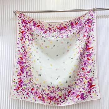 Chanel Flower Silk Square Scarf 90x90cm White/Purple 2025 0724 (SHI-250724027)