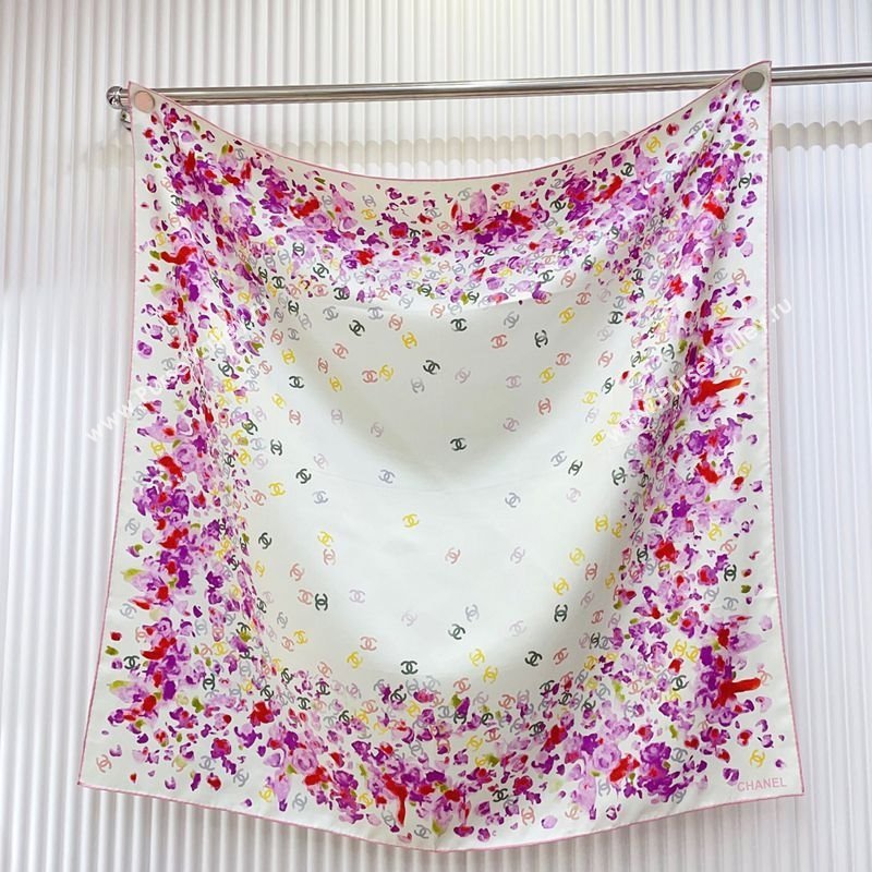 Chanel Flower Silk Square Scarf 90x90cm White/Purple 2025 0724 (SHI-250724027)
