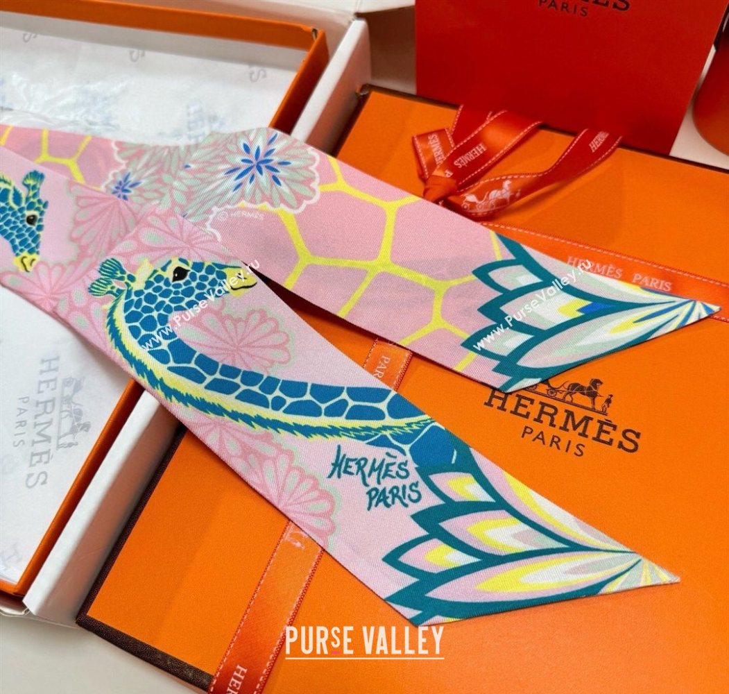 Hermes Giraffe Twilly Silk Bandeau Scarf 5x86cm Light Pink 2025 0724 (XMN-250724022)