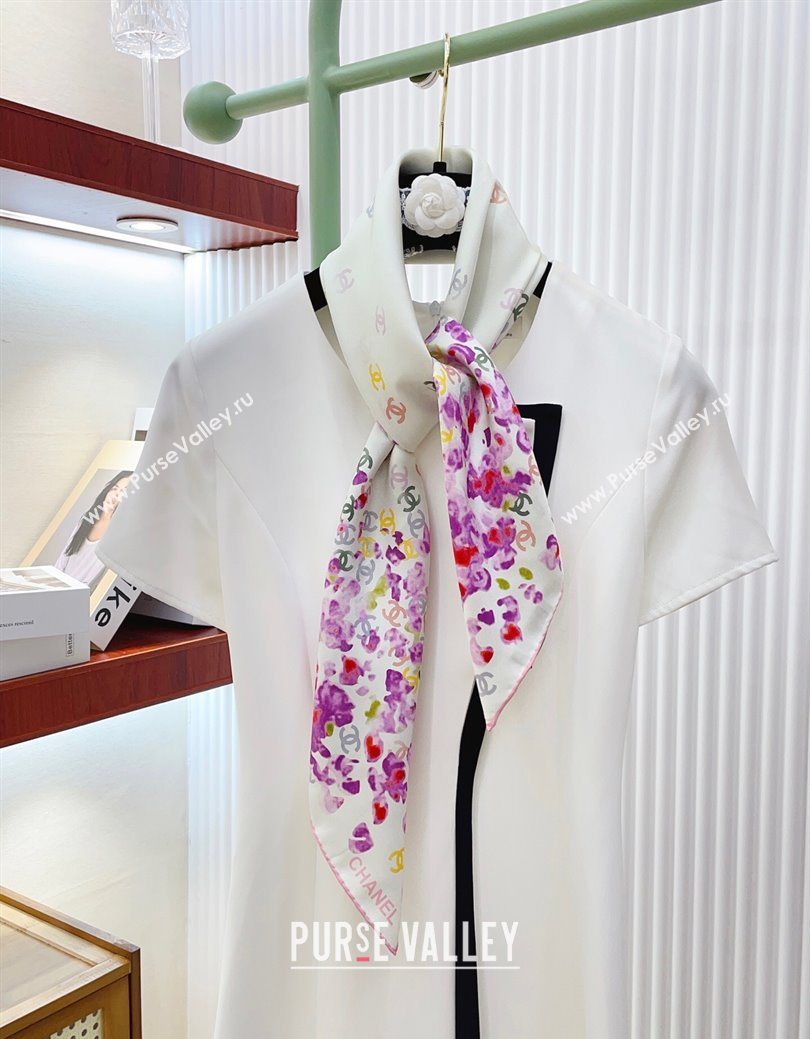 Chanel Flower Silk Square Scarf 90x90cm White/Purple 2025 0724 (SHI-250724027)