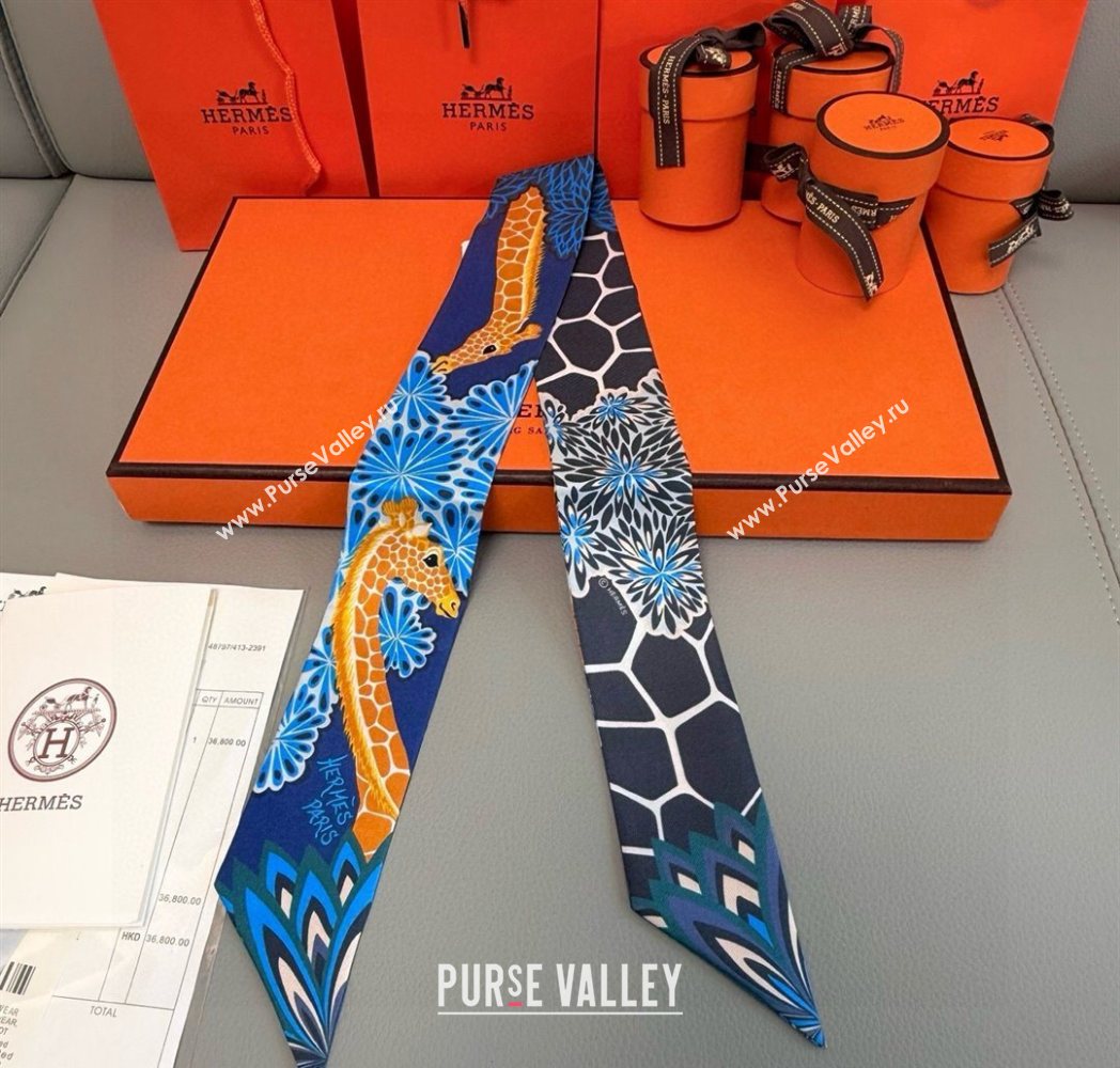 Hermes Giraffe Twilly Silk Bandeau Scarf 5x86cm Navy Blue 2025 0724 (XMN-250724024)