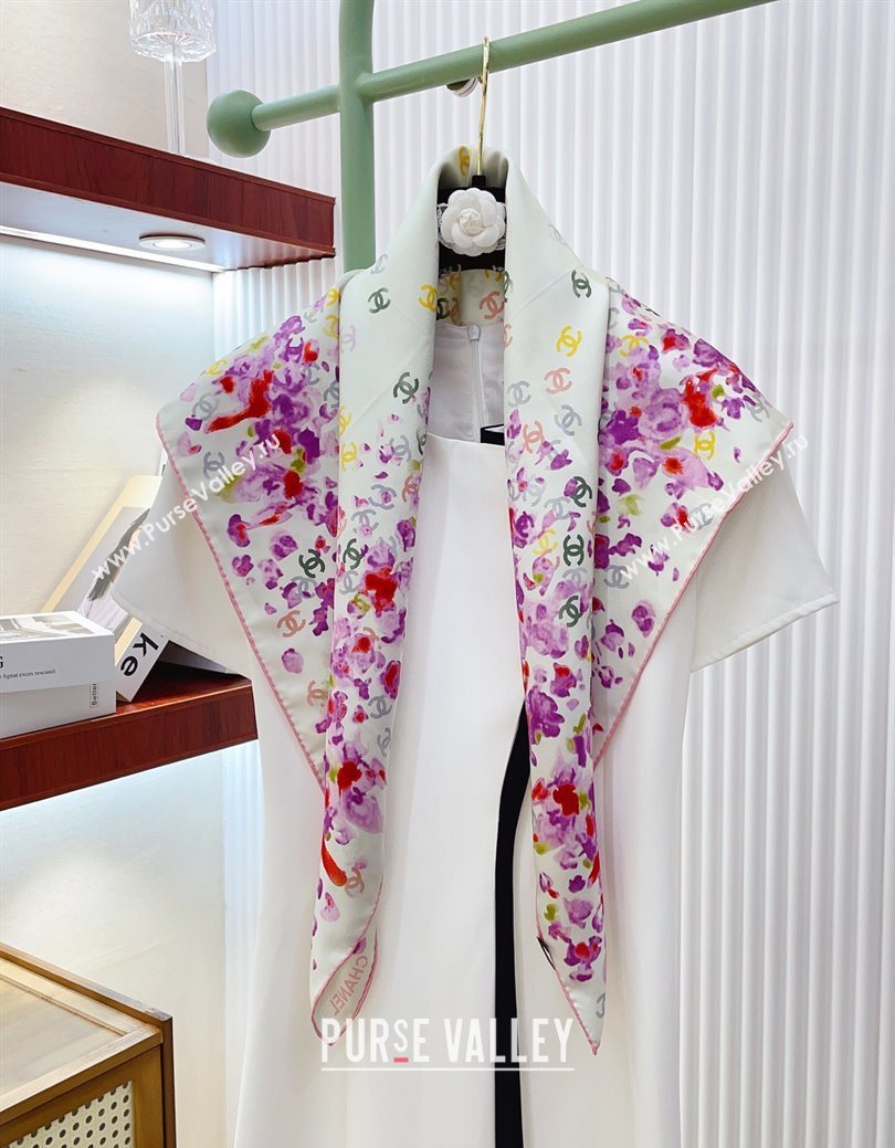 Chanel Flower Silk Square Scarf 90x90cm White/Purple 2025 0724 (SHI-250724027)