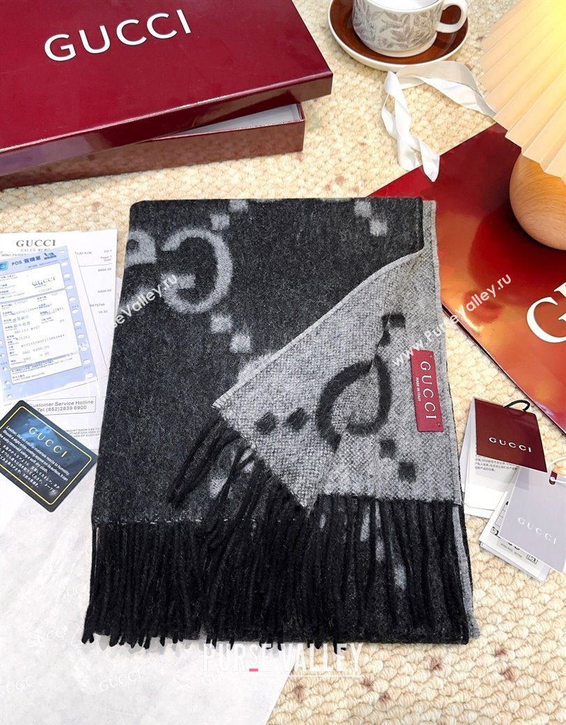 Gucci Cashmere Long Scarf 45x200cm Grey/Black 2025 GG091007 (XMN-250910017)