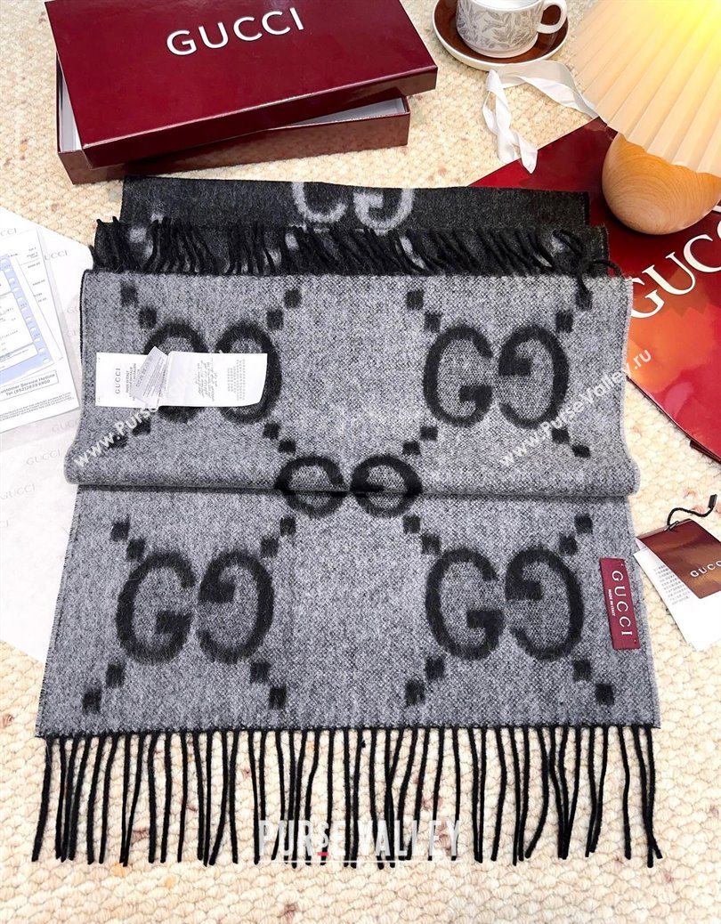 Gucci Cashmere Long Scarf 45x200cm Grey/Black 2025 GG091007 (XMN-250910017)
