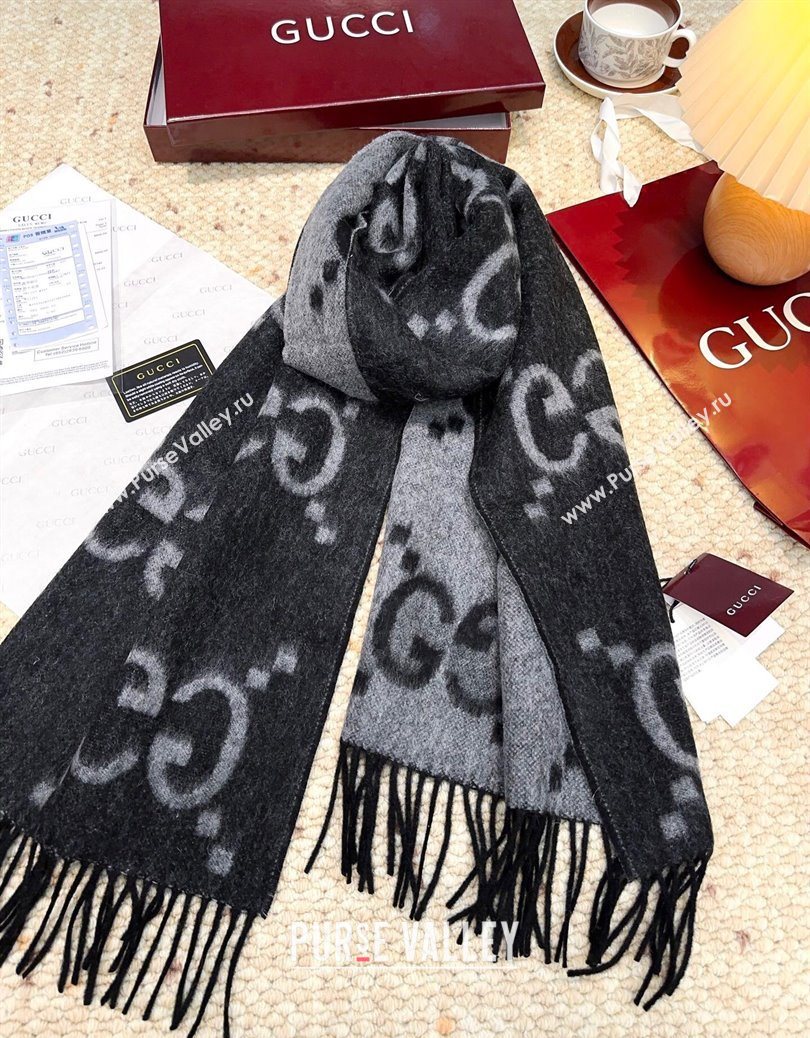 Gucci Cashmere Long Scarf 45x200cm Grey/Black 2025 GG091007 (XMN-250910017)