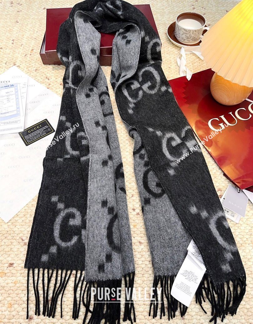 Gucci Cashmere Long Scarf 45x200cm Grey/Black 2025 GG091007 (XMN-250910017)