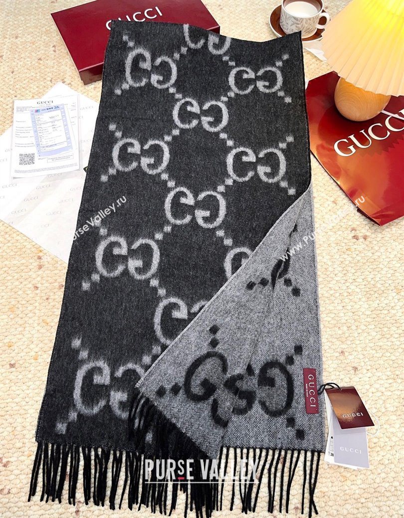 Gucci Cashmere Long Scarf 45x200cm Grey/Black 2025 GG091007 (XMN-250910017)