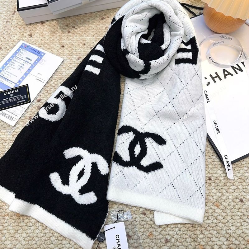 Chanel Cashmere Wool Long Scarf 30x180cm Black/White 2025 CH091002 (XMN-250910003)