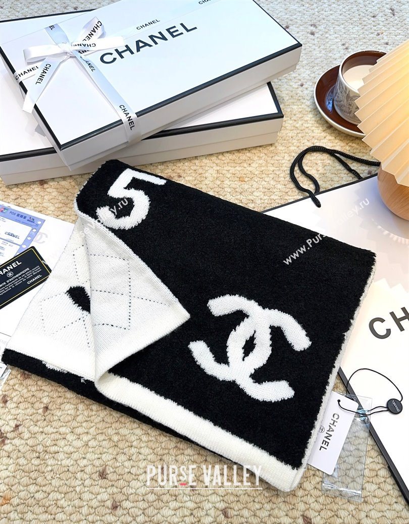 Chanel Cashmere Wool Long Scarf 30x180cm Black/White 2025 CH091002 (XMN-250910003)