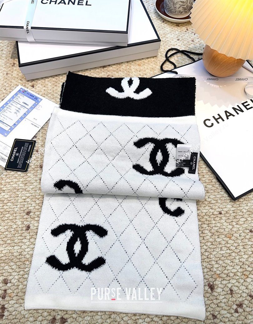 Chanel Cashmere Wool Long Scarf 30x180cm Black/White 2025 CH091002 (XMN-250910003)