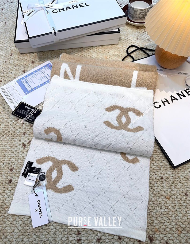 Chanel Cashmere Wool Long Scarf 30x180cm Beige/White 2025 CH091002 (XMN-250910004)
