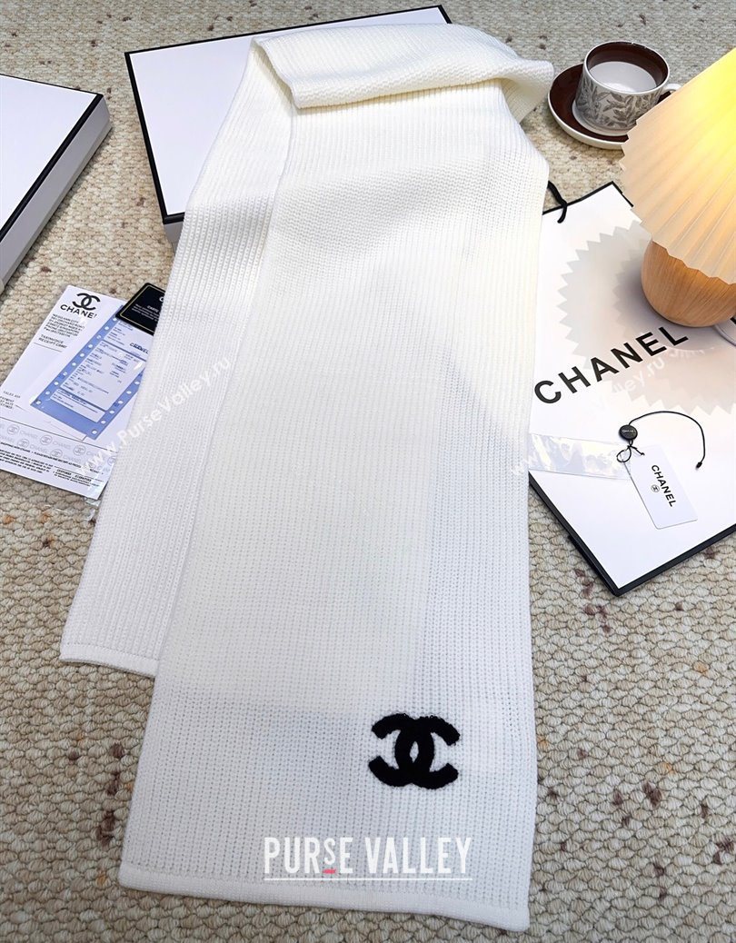 Chanel Cashmere Wool Long Scarf 30x175cm White 2025 CH091004 (XMN-250910005)