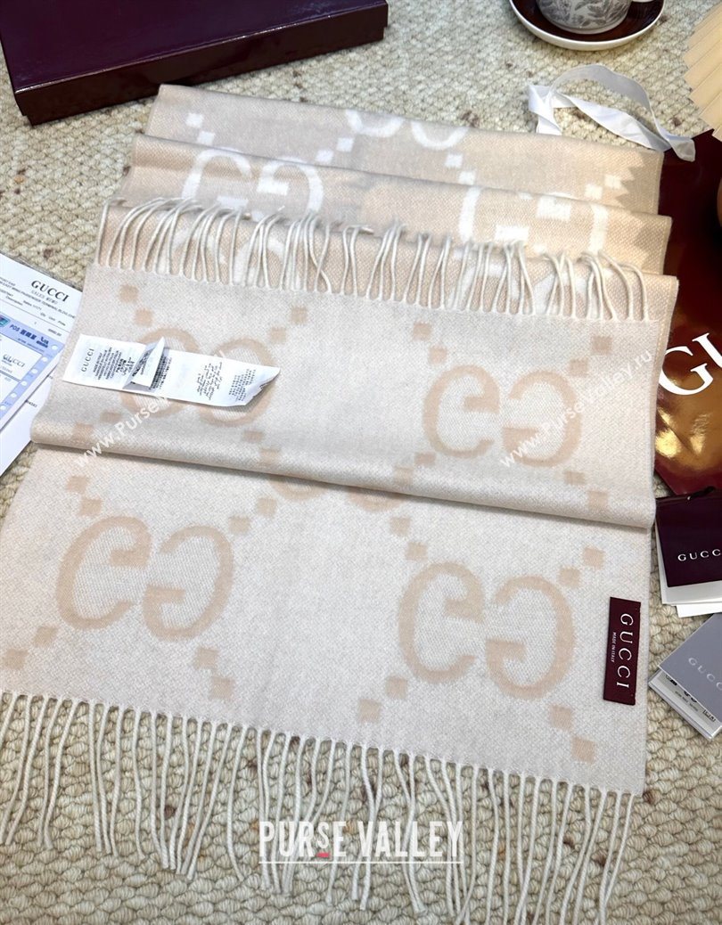Gucci Cashmere Long Scarf 45x200cm Beige/White 2025 GG091007 (XMN-250910012)
