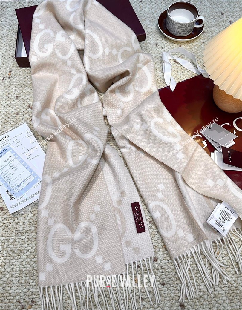 Gucci Cashmere Long Scarf 45x200cm Beige/White 2025 GG091007 (XMN-250910012)