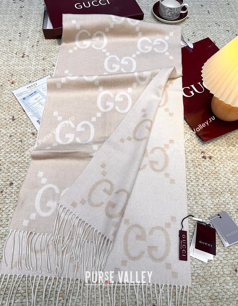 Gucci Cashmere Long Scarf 45x200cm Beige/White 2025 GG091007 (XMN-250910012)