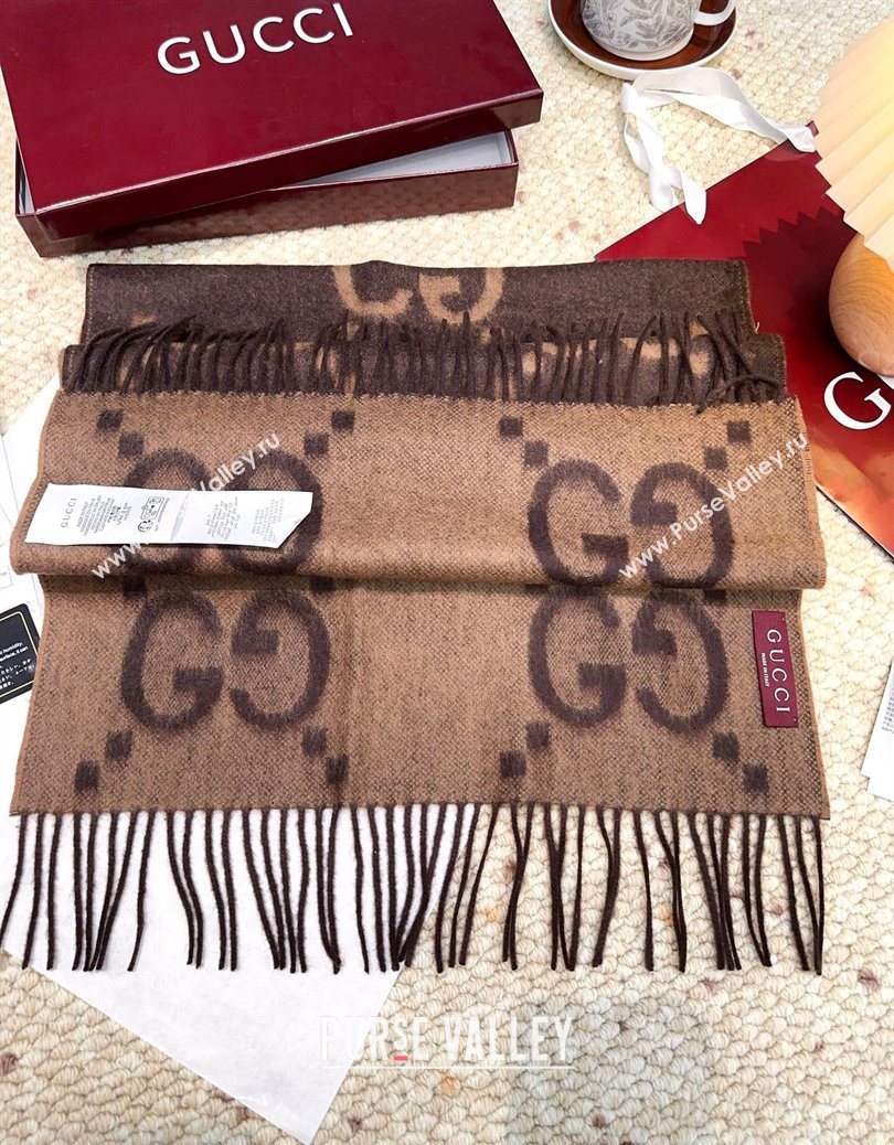 Gucci Cashmere Long Scarf 45x200cm Dark Brown 2025 GG091007 (XMN-250910013)