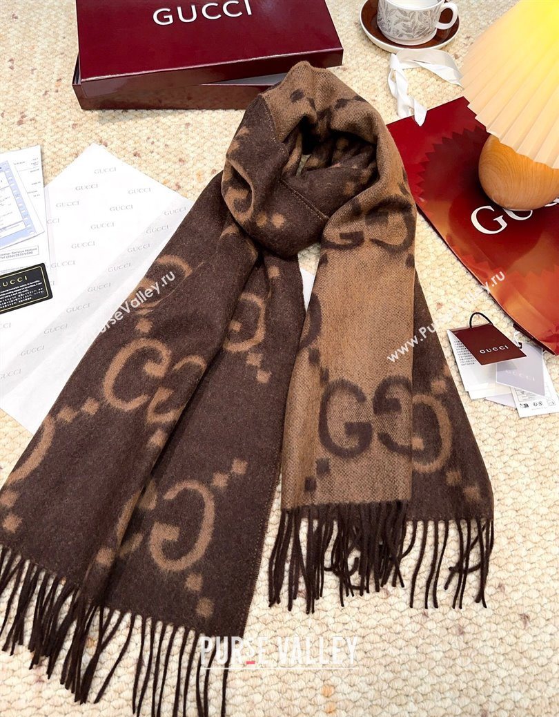 Gucci Cashmere Long Scarf 45x200cm Dark Brown 2025 GG091007 (XMN-250910013)