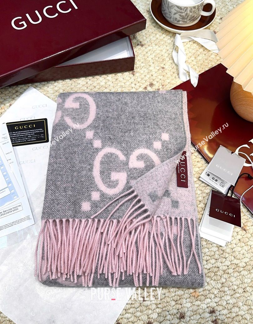 Gucci Cashmere Long Scarf 45x200cm Grey/Pink 2025 GG091007 (XMN-250910014)