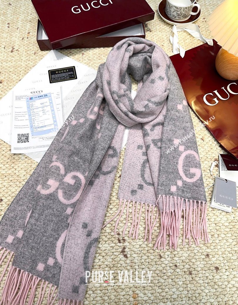 Gucci Cashmere Long Scarf 45x200cm Grey/Pink 2025 GG091007 (XMN-250910014)