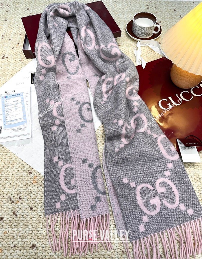 Gucci Cashmere Long Scarf 45x200cm Grey/Pink 2025 GG091007 (XMN-250910014)