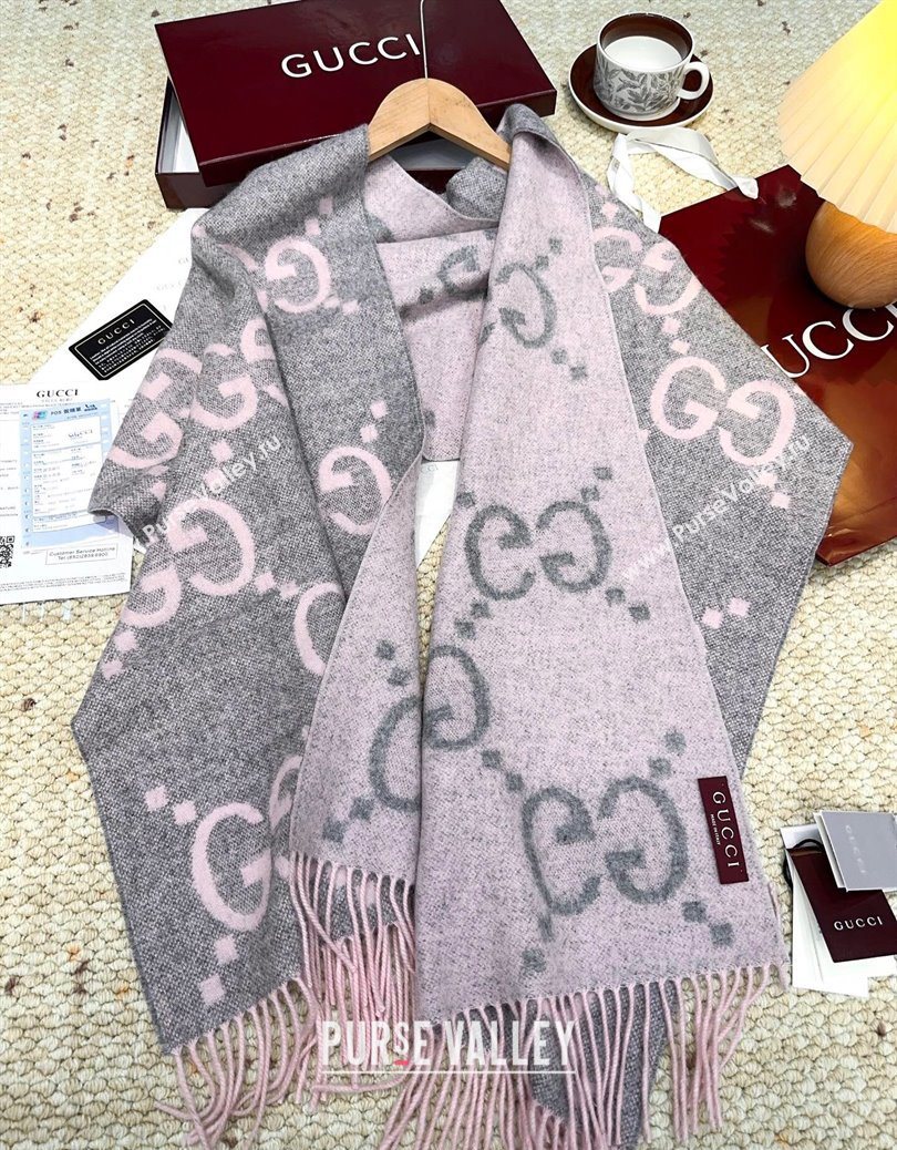 Gucci Cashmere Long Scarf 45x200cm Grey/Pink 2025 GG091007 (XMN-250910014)