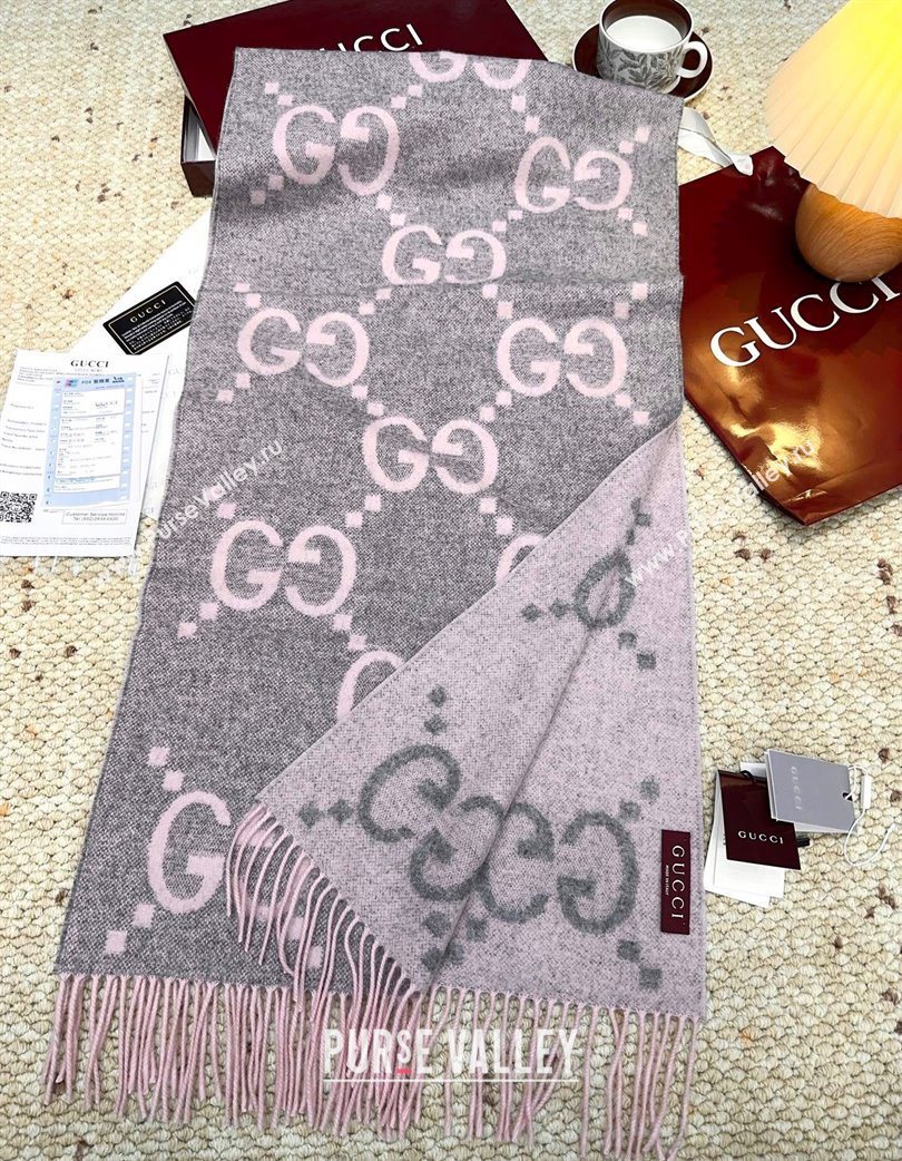 Gucci Cashmere Long Scarf 45x200cm Grey/Pink 2025 GG091007 (XMN-250910014)