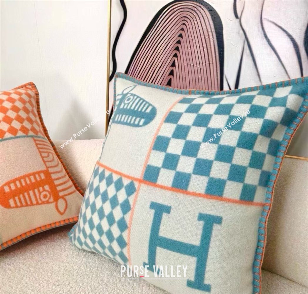 Hermes Avalon Animaux Nattes Wool Cashmere Pillow 45x45cm Blue 2025 HS091032 (SHI-250910095)