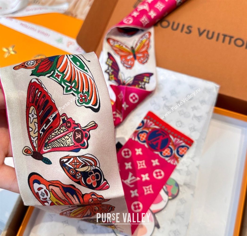 Louis Vuitton Butterfly Silk Bandeau Scarf Dark Pink 2025 LV091023 (SHI-250910068)