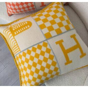Hermes Avalon Animaux Nattes Wool Cashmere Pillow 45x45cm Yellow 2025 HS091032 (SHI-250910096)