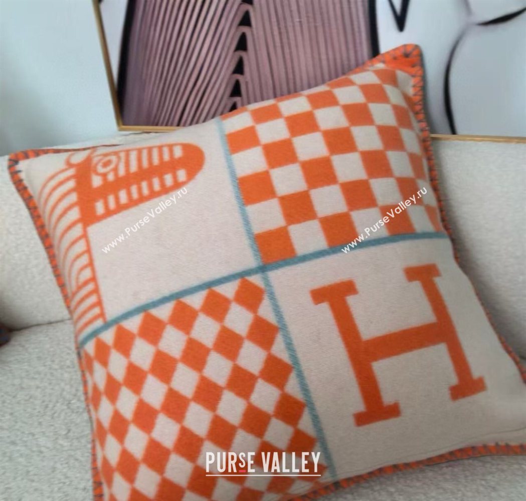 Hermes Avalon Animaux Nattes Wool Cashmere Pillow 45x45cm Orange 2025 HS091032 (SHI-250910097)