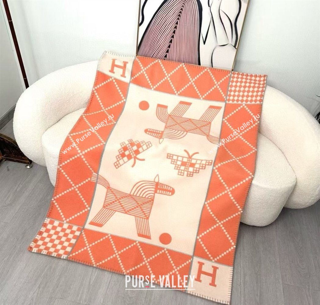 Hermes Children Avalon Animaux Nattes Wool Cashmere Blanket 100x140cm Orange 2025 HS091032 (SHI-250910098)